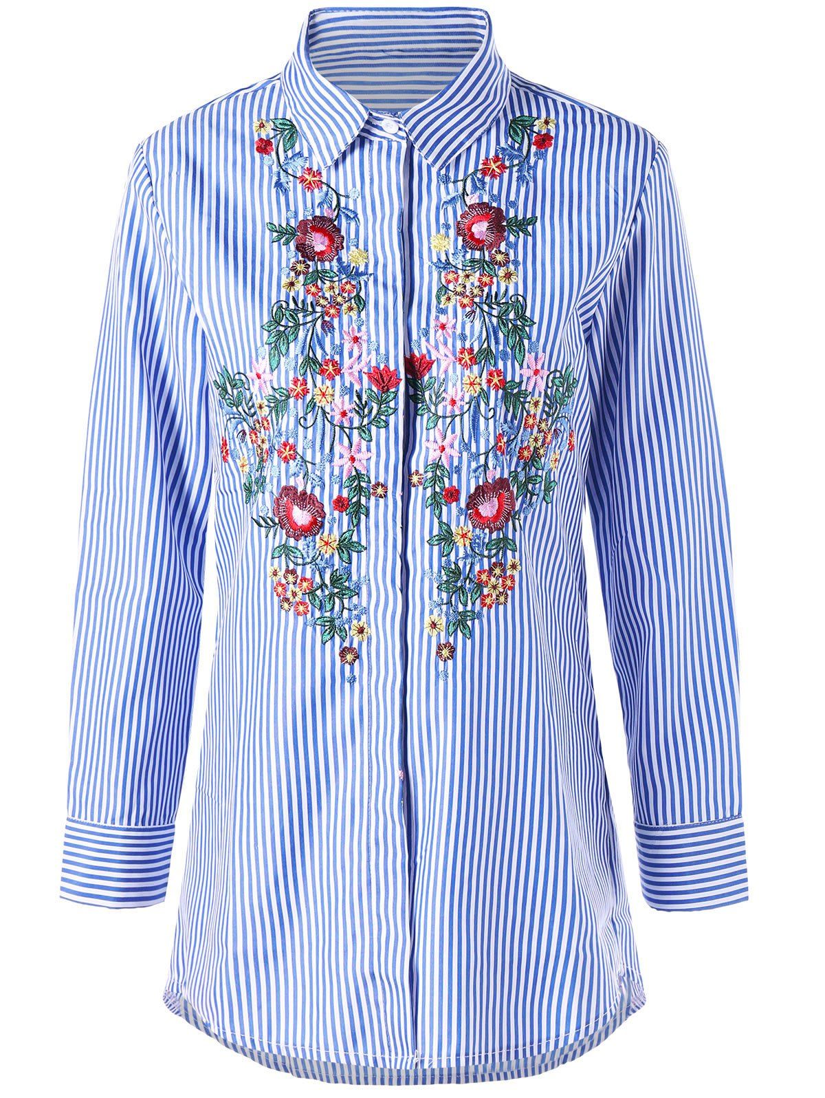 

Striped Floral Embroidered Tunic Shirt, Blue stripe