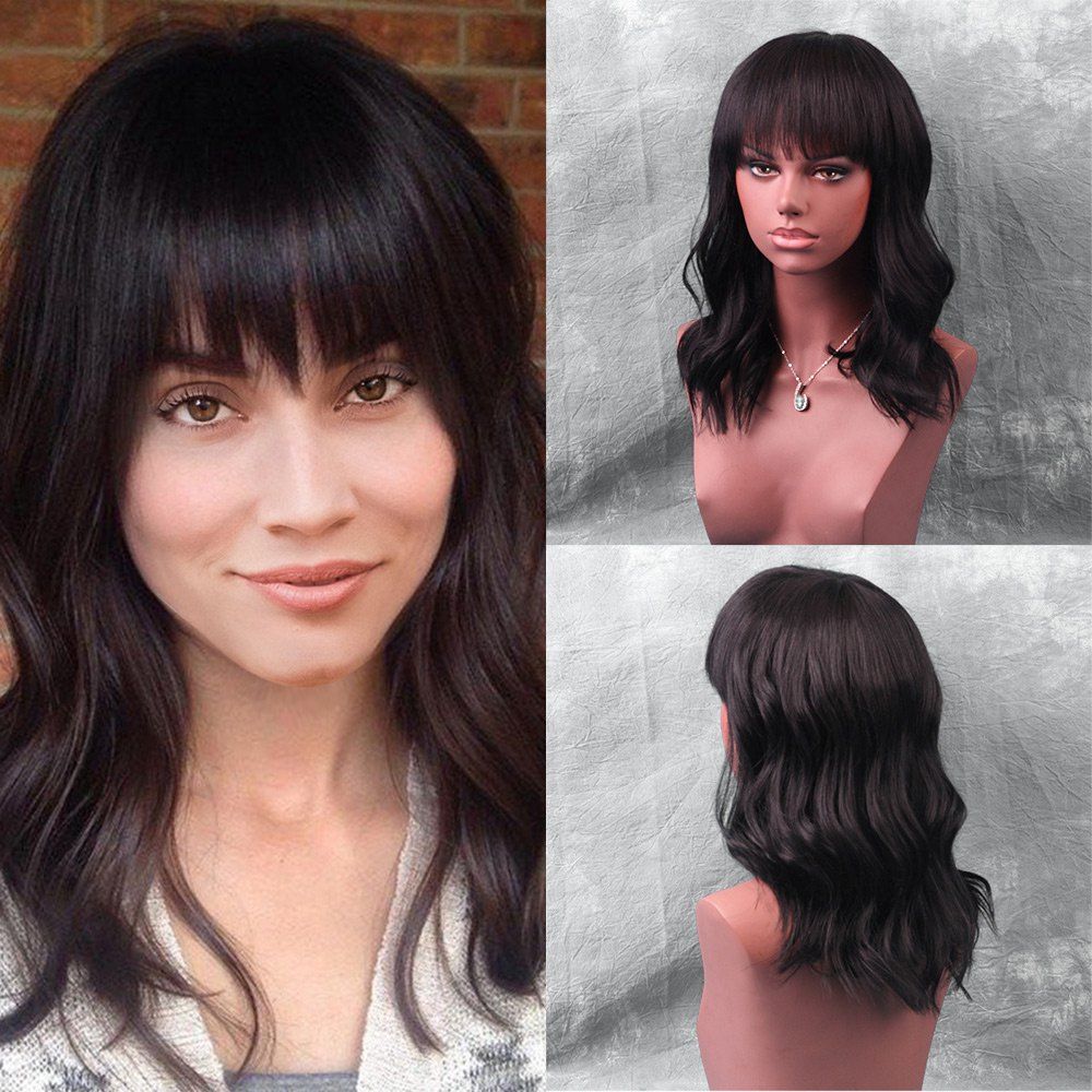 

Medium Neat Bang Natural Wave Human Hair Wig, Black