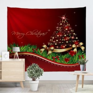 Red W59 Inch * L51 Inch Christmas Tree Bowknot Print Tapestry Wall Hanging Art Decoration