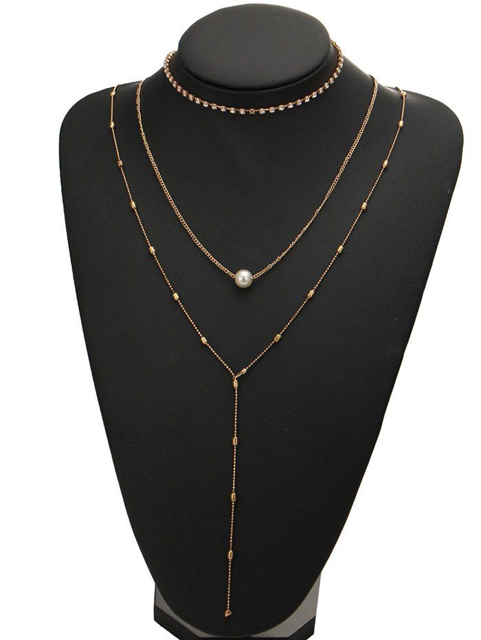 

3PCS Faux Pearl Rhinestone Necklaces, Golden