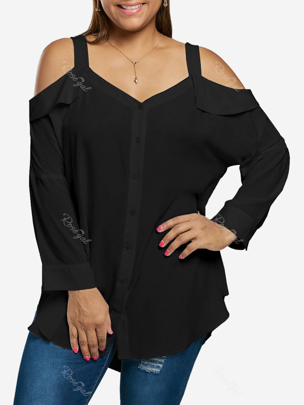 

Plus Size Button Up Drop Shoulder Blouse, Black