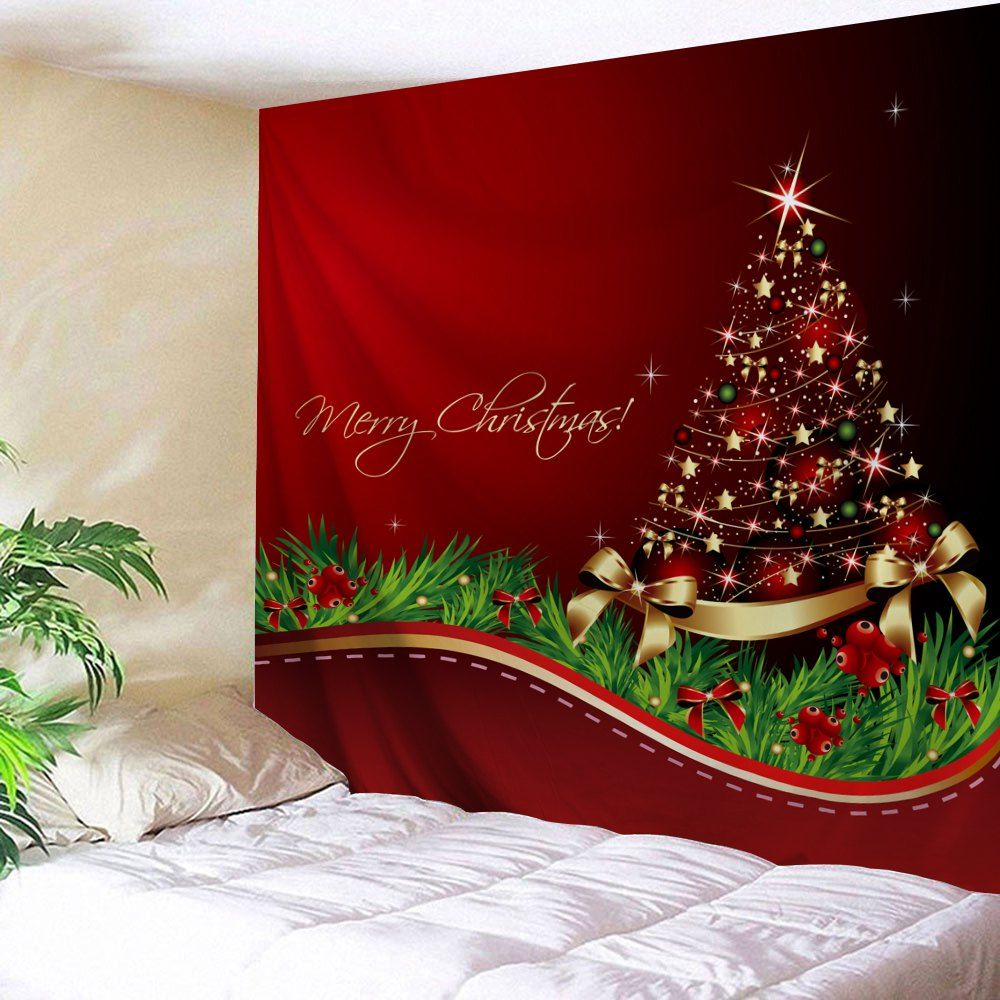 

Christmas Tree Bowknot Print Tapestry Wall Hanging Art Decoration, Red