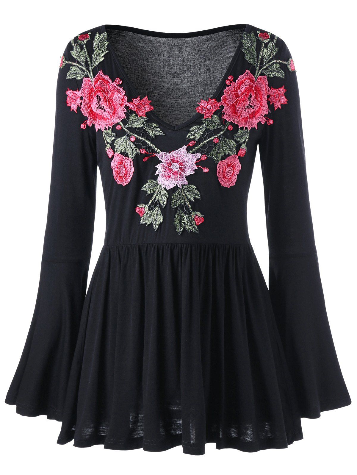 

Embroidered Bell Sleeve Peplum Blouse, Black