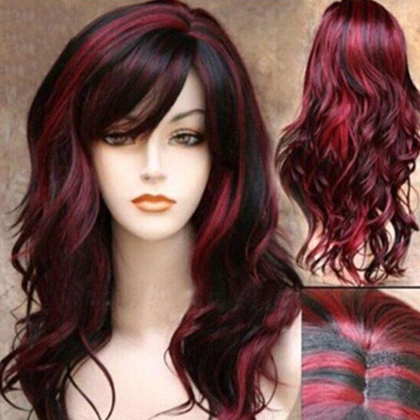 

Long Side Bang Highlight Colormix Layered Wavy Synthetic Wig, Black and red