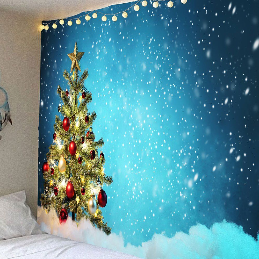 

Christmas Tree and Snows Printed Waterproof Wall Art Tapestry, Blue
