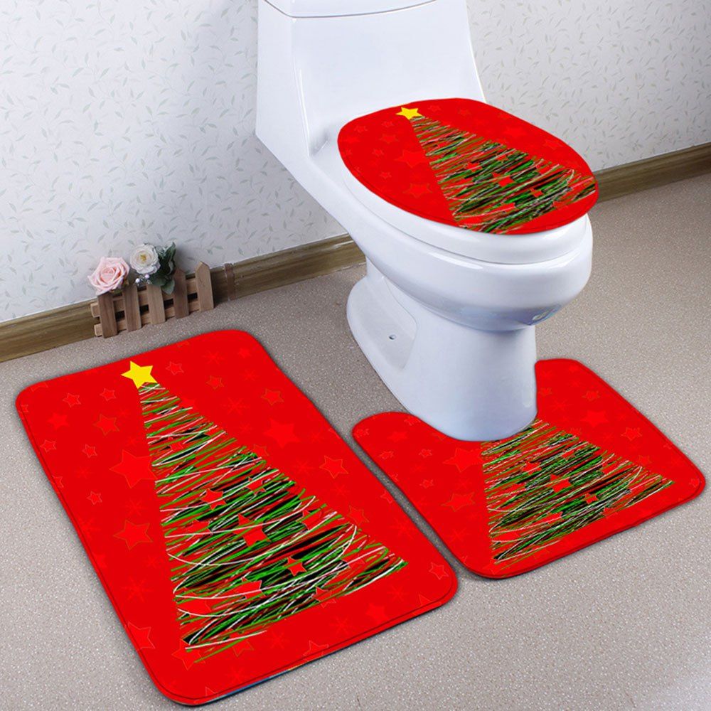 

3PCS Christmas Tree Print Bath Toilet Mats Set, Red