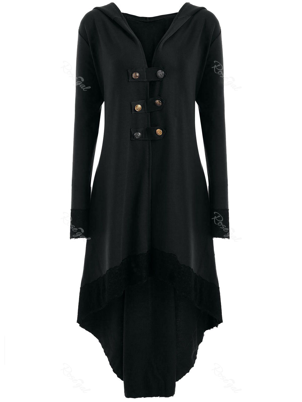 

High Low Hooded Plus Size Lace-up Coat, Black