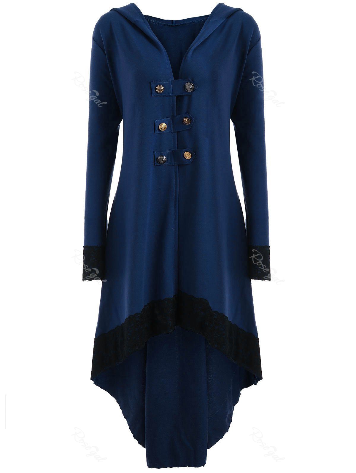 

High Low Hooded Plus Size Lace-up Coat, Blue