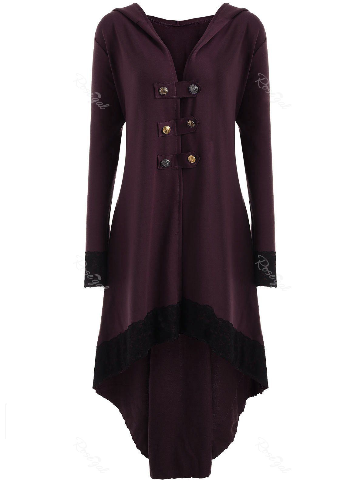 

High Low Hooded Plus Size Lace-up Coat, Wine red