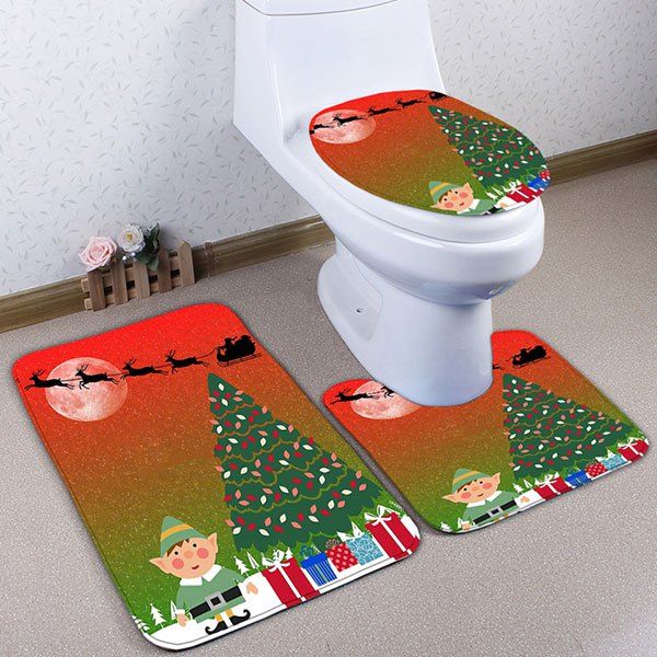 

3PCS Christmas Graphic Flannel Bath Mats Set, Red