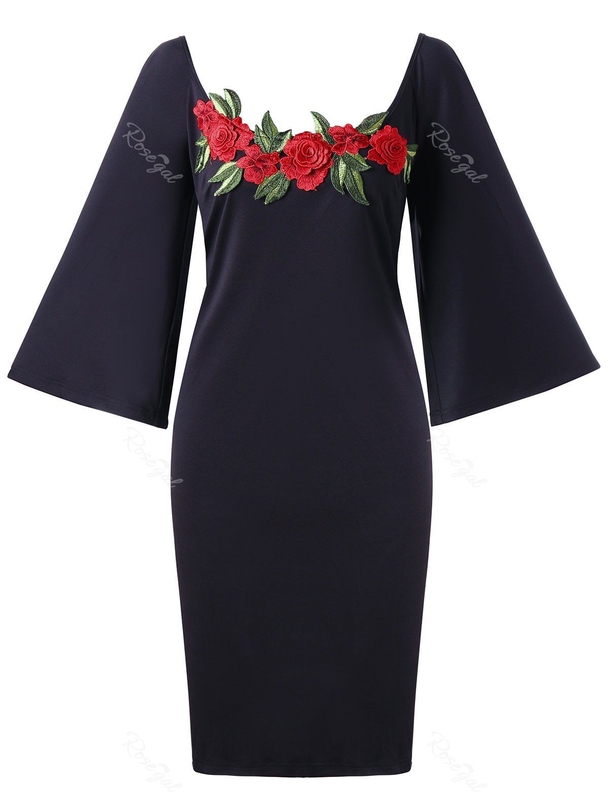 

Flare Sleeve Plus Size Embroidery Bodycon Dress, Black