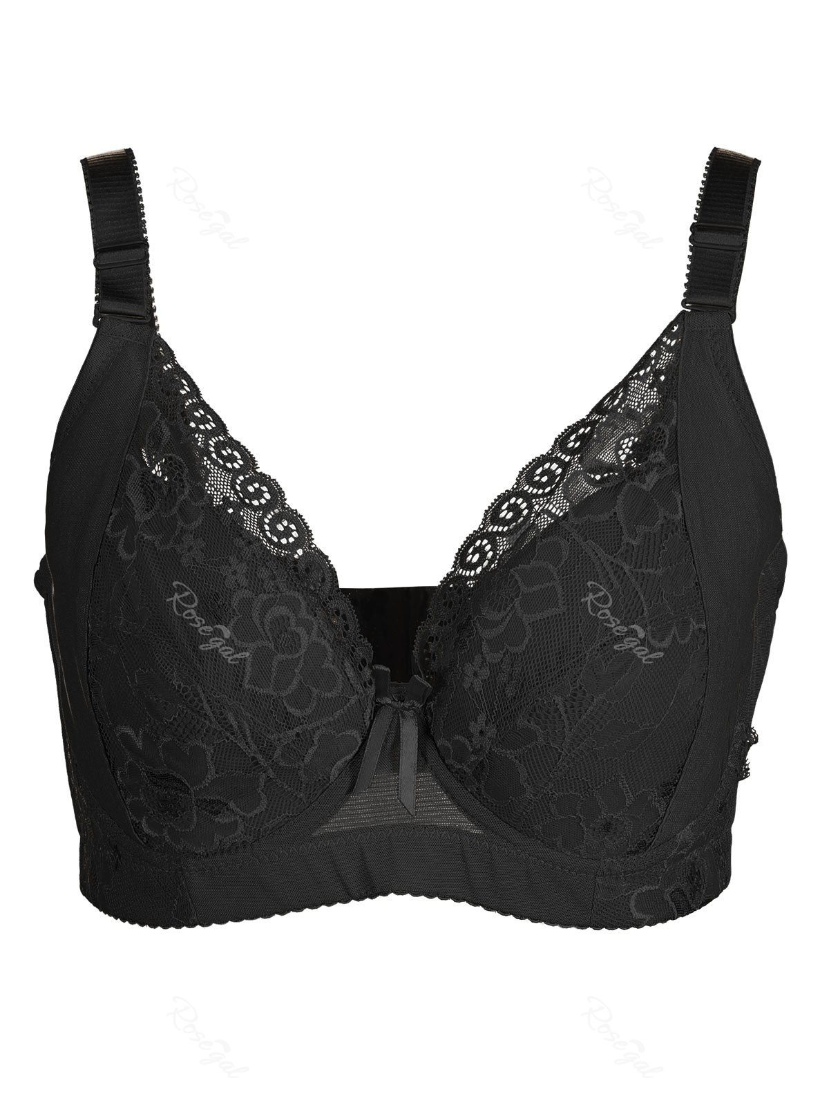 

Plus Size Floral Lace Bowknot Unlined Underwire Bra, Black