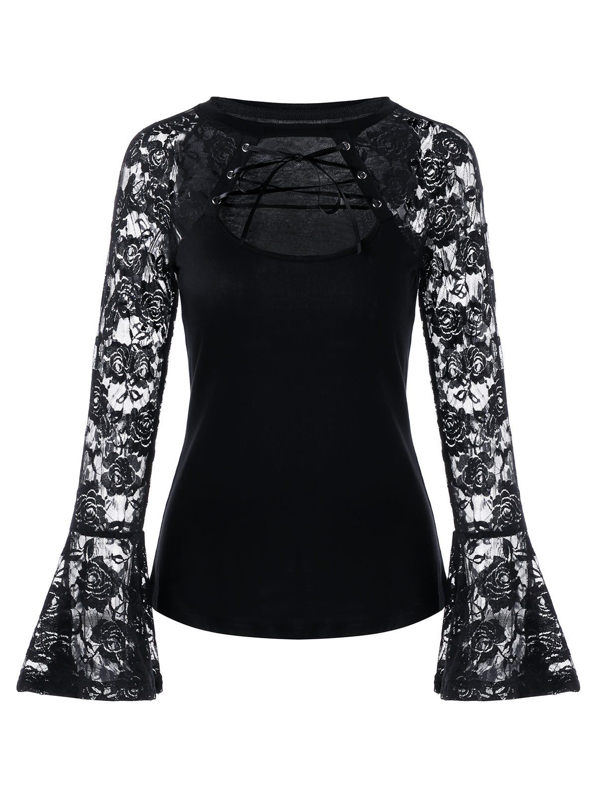 

Cut Out Lace-up Flare Sleeve Lace Top, Black