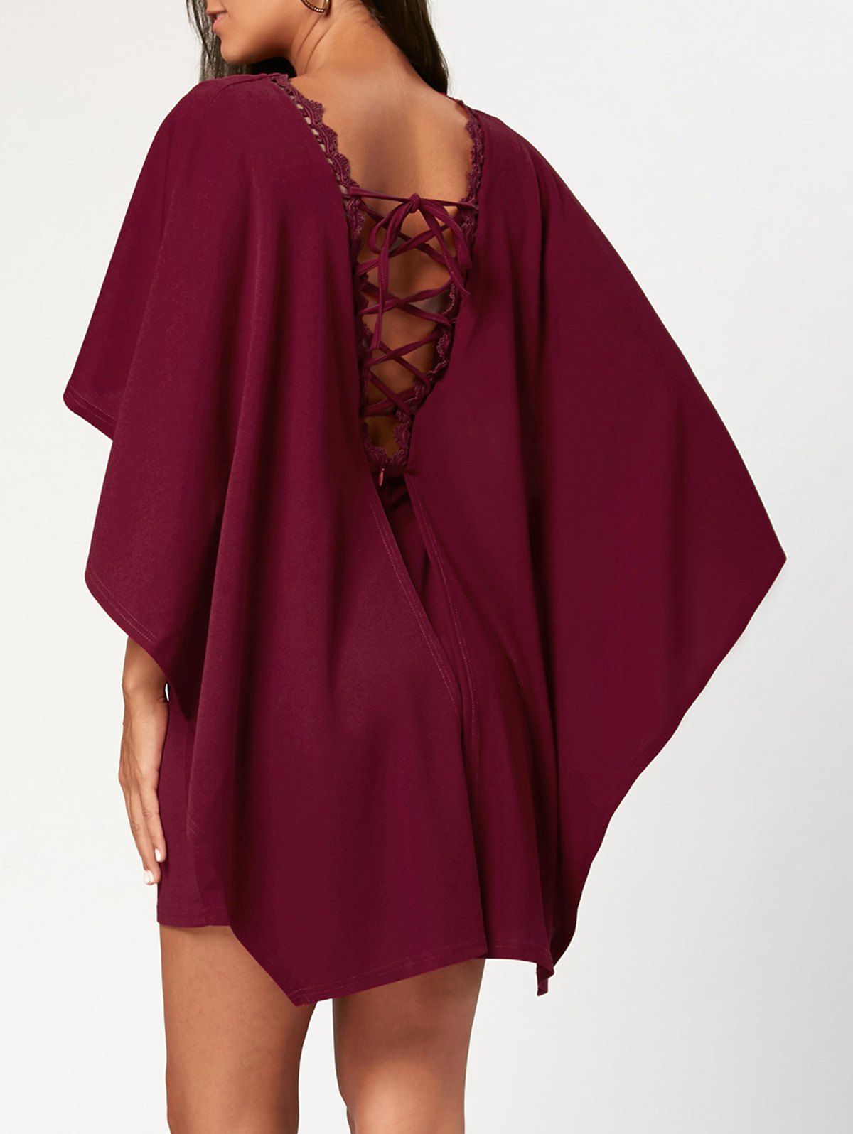 

Criss Cross Cutout Backless Short Cape Dress, Wine red