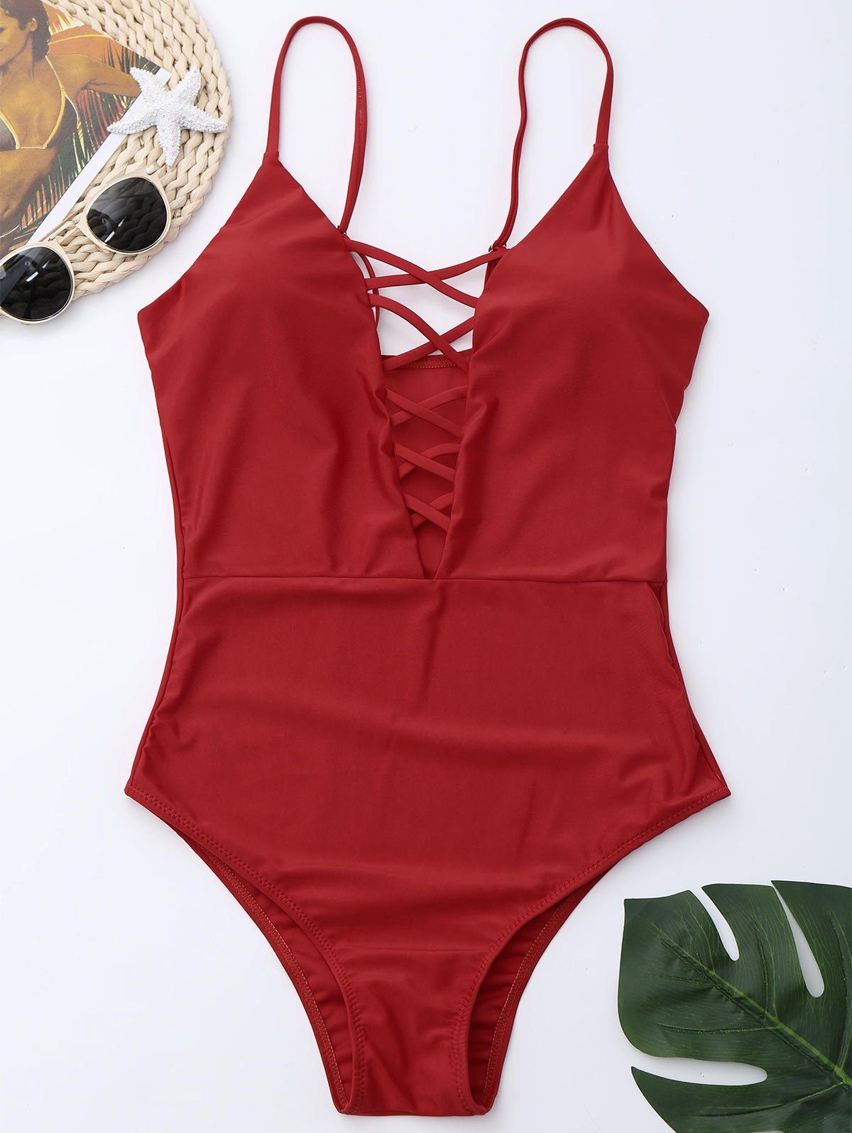

Cross Back One Piece Swimsuit, Red
