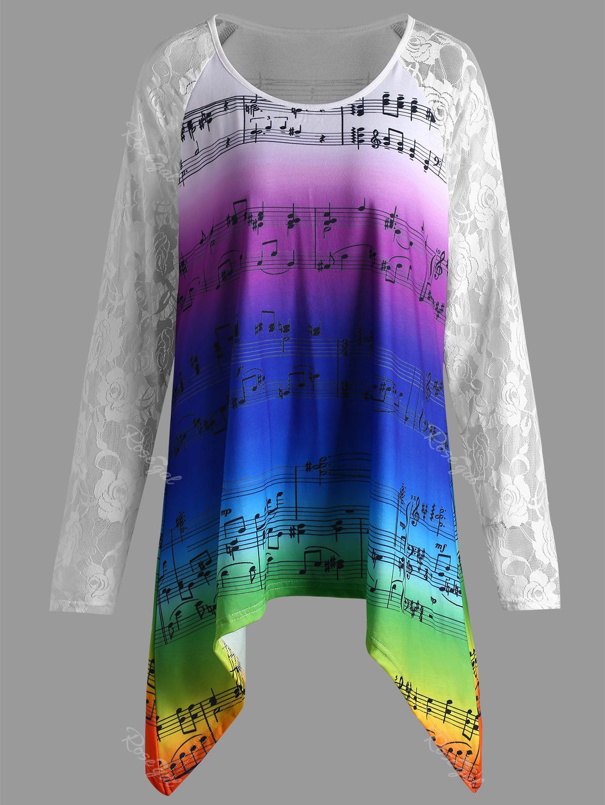 

Floral Lace Asymmetrical Music Note Plus Size Tee, Colormix