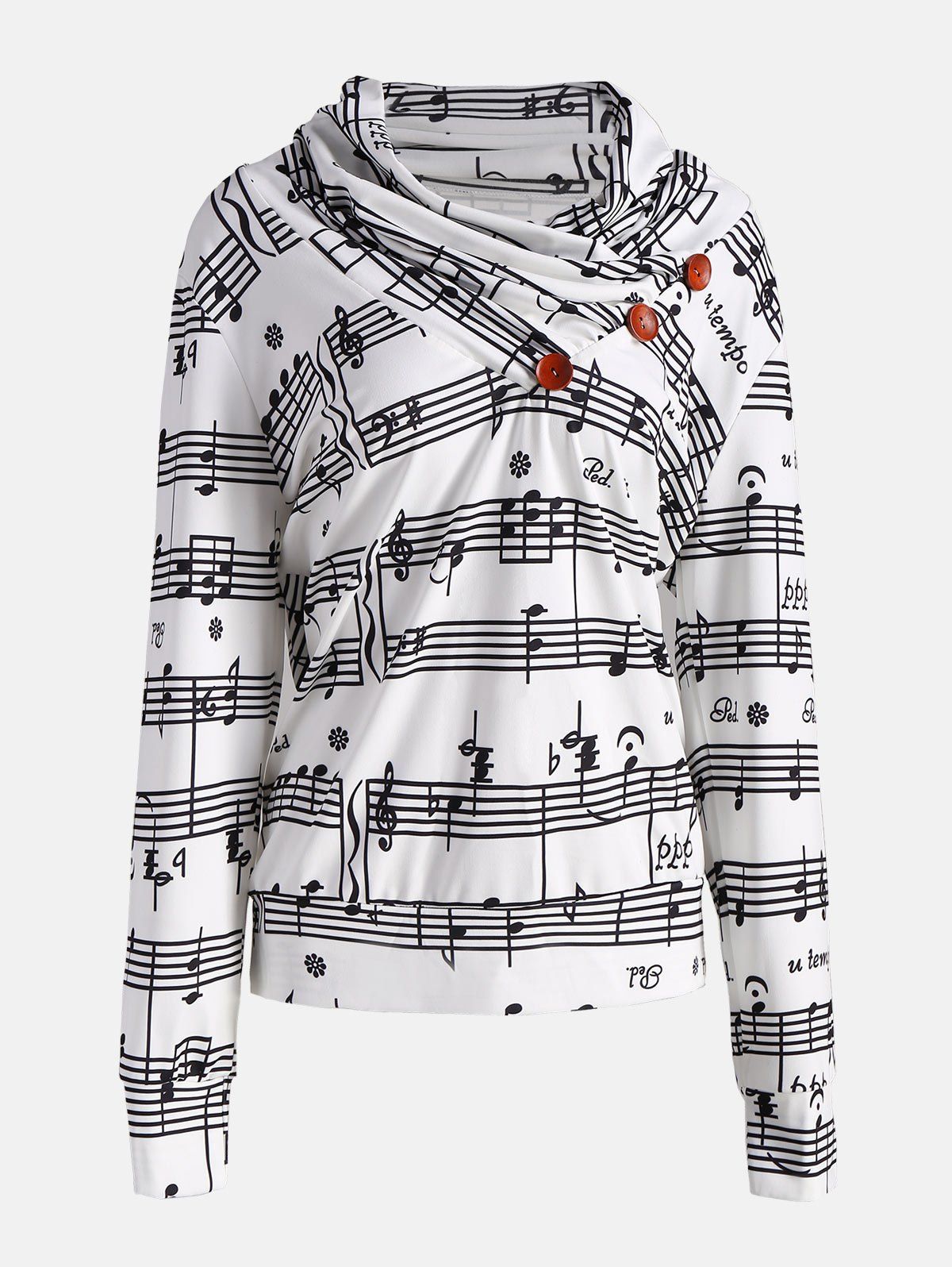 

Cowl Neck Musical Notes Print Sweatshirt, White and black