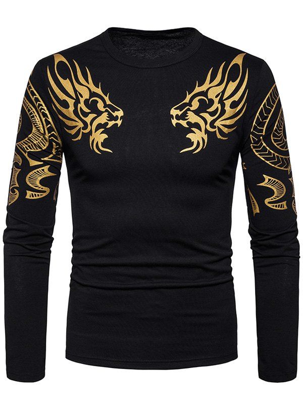 

Symmetrical Bronzing Dragon Print T-shirt, Black