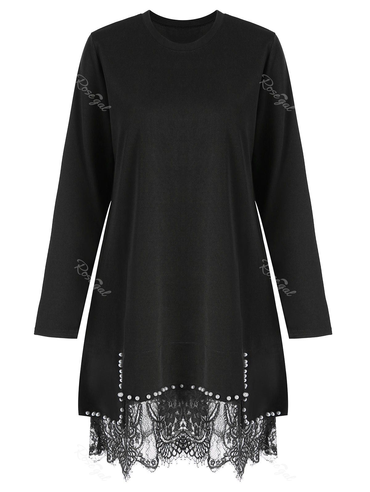 

Plus Size Lace Trim Faux Pearl Tunic Dress, Black