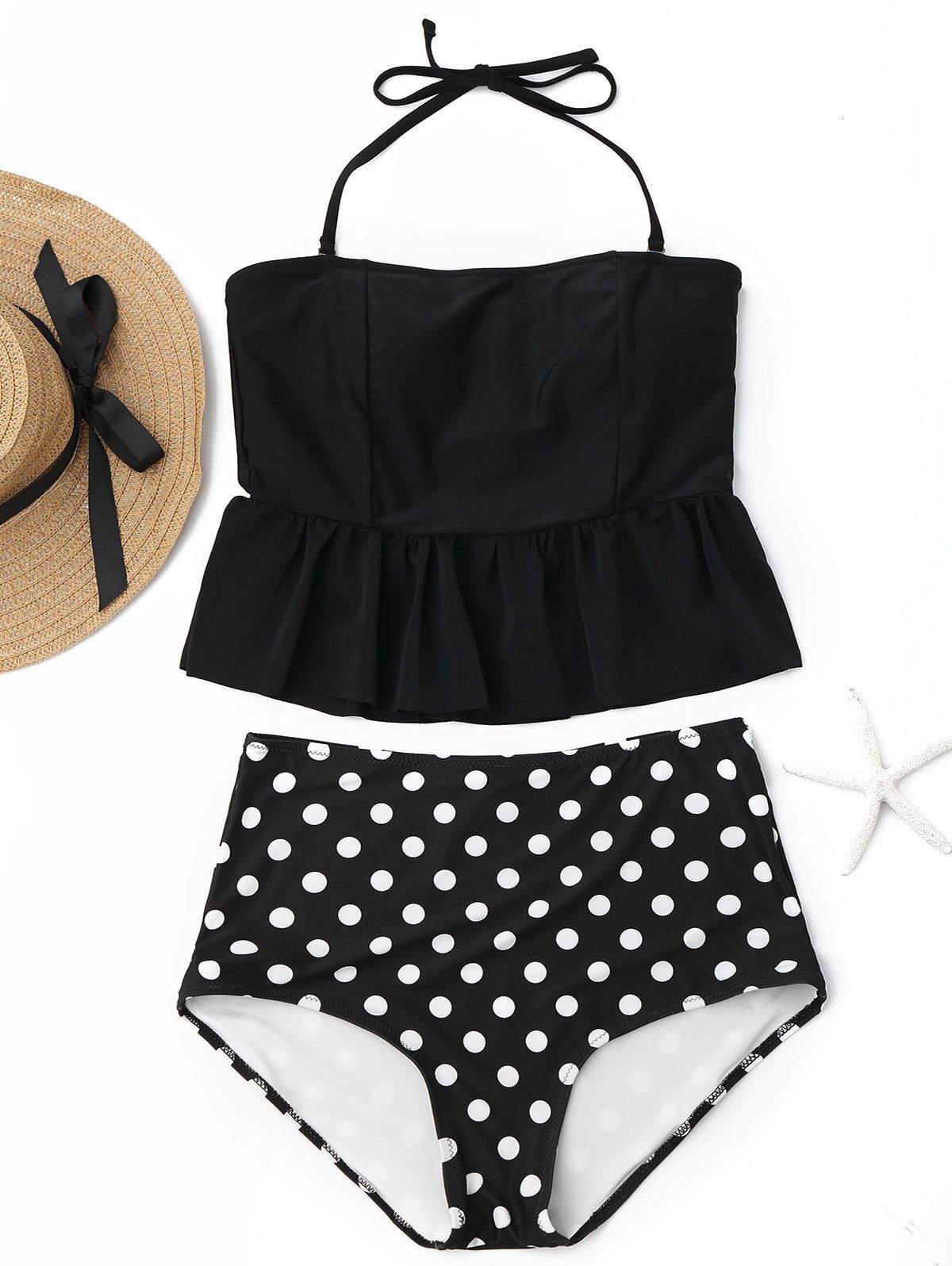 

Peplum High Waisted Polka Dot Tankini Set, Black