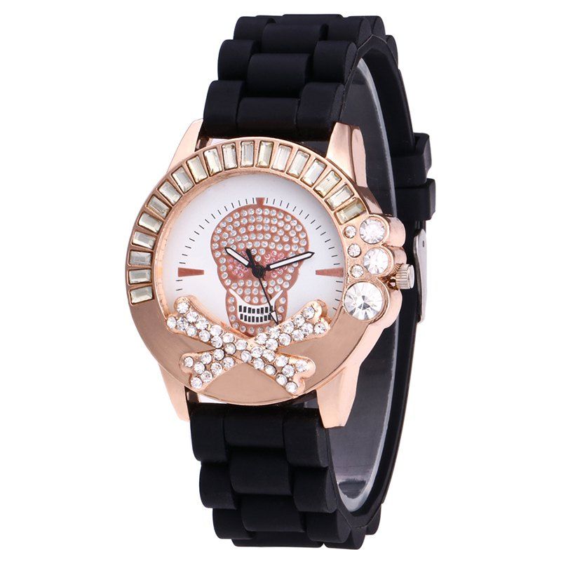 

Rhinestone Skull Face Silicone Watch, Black