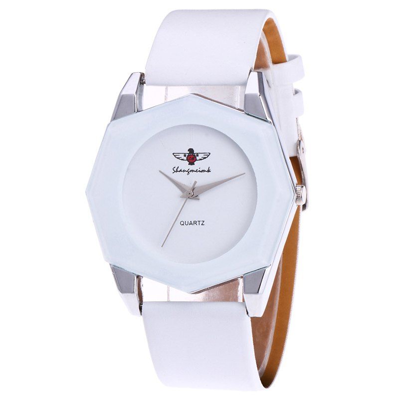 

Faux Leather Strap Octagon Watch, White