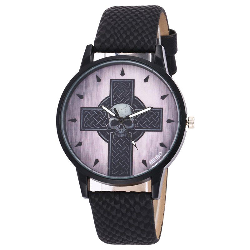 

Faux Leather Strap Cross Skull Watch, Black