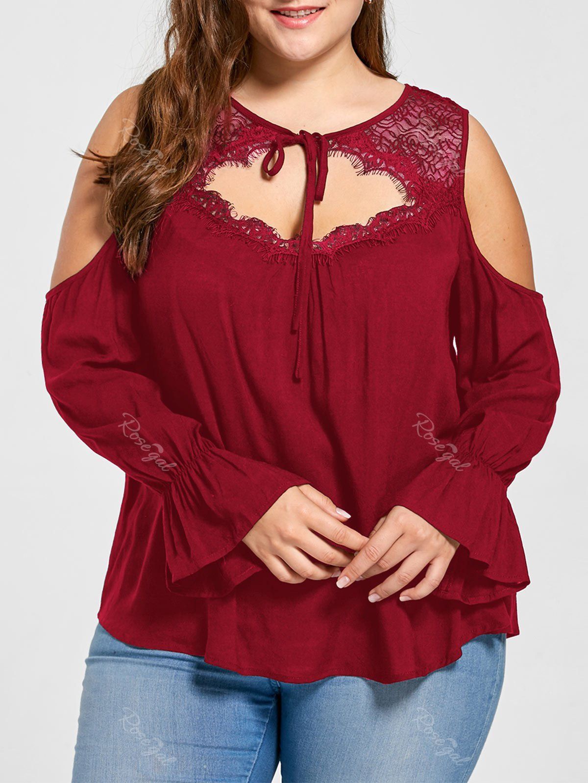 

Plus Size Lace Yoke Open Shoulder Blouse, Red