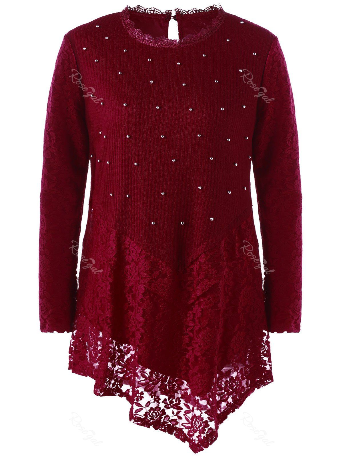 

Faux Pearl Plus Size Lace Asymmetric Top, Wine red
