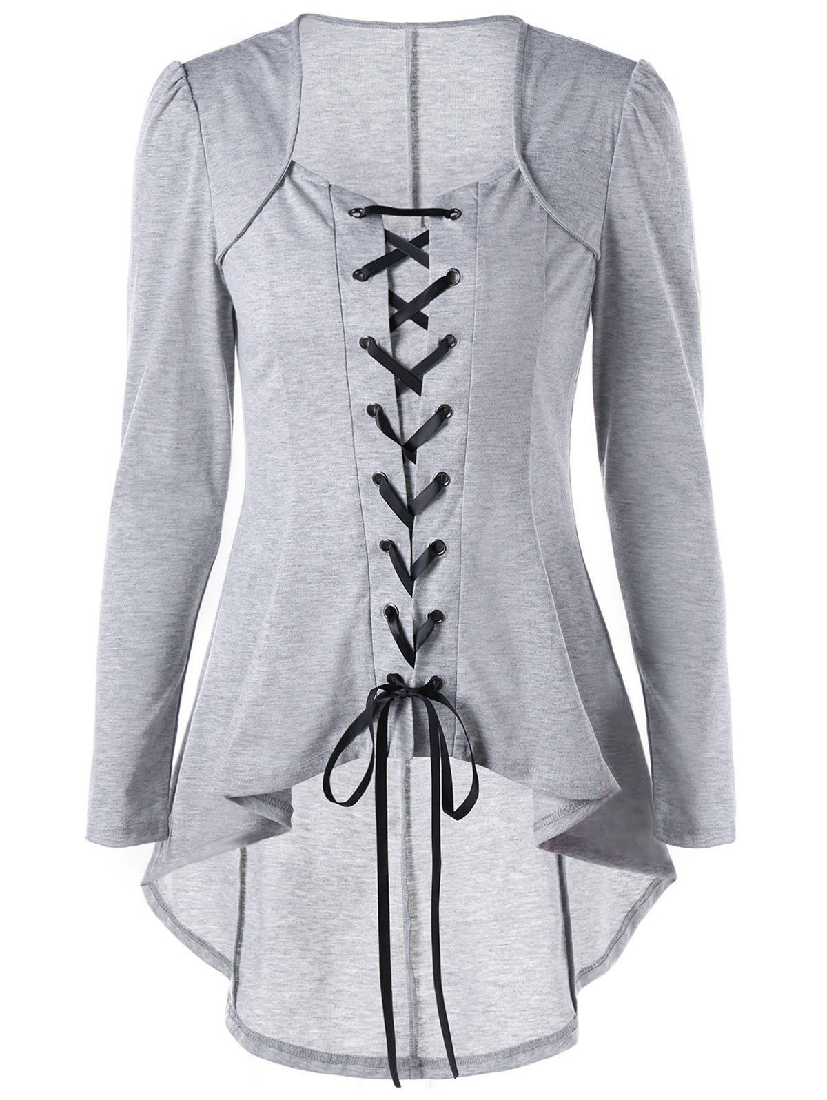 

High Low Hem Lace Up Top, Light grey