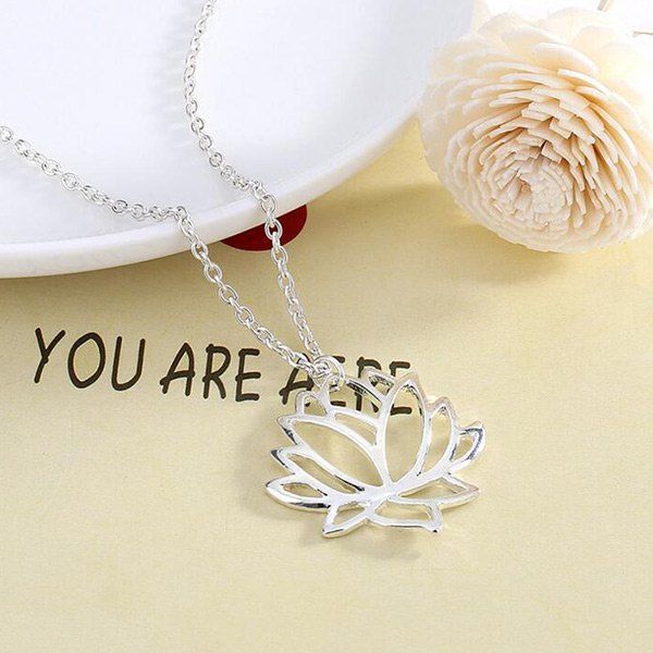 

Hollow Out Carve Lotus Flower Charm Necklace, Silver