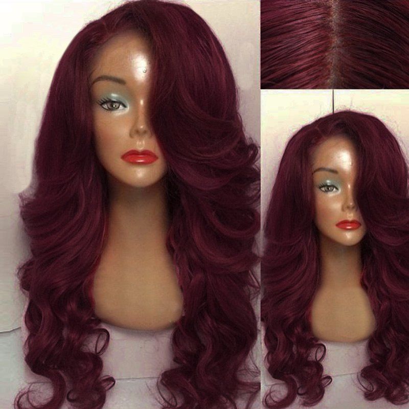 

Long Side Parting Wavy Human Hair Lace Front Wig, Wine red