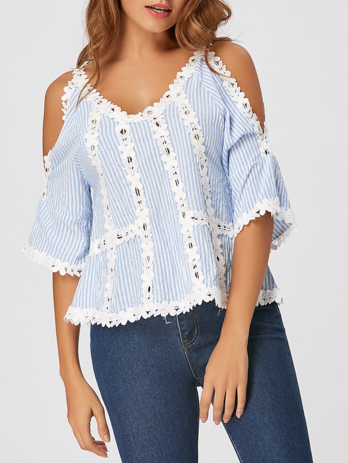 [52 Off] Striped Lace Insert Cold Shoulder Blouse Rosegal