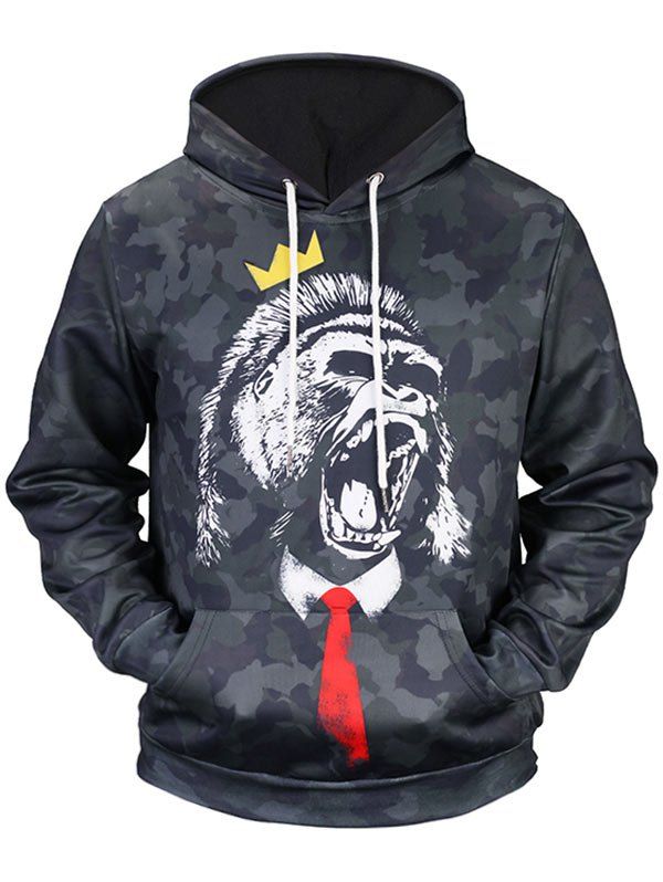 

Roar Gorilla Print Kangaroo Pocket Camo Hoodie, Black