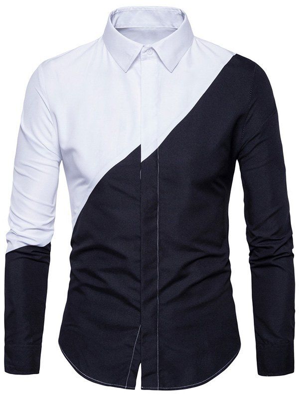 

Long Sleeve Irregular Panel Two Tone Shirt, Black