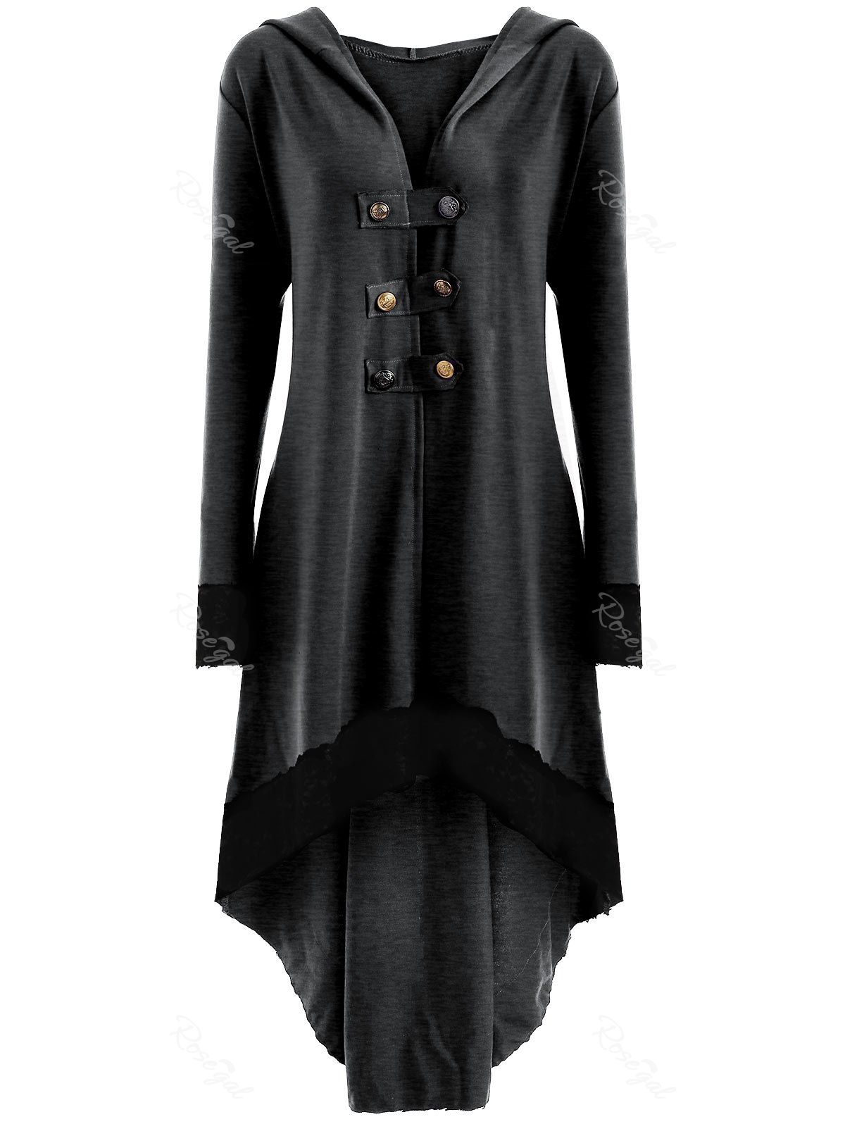 

High Low Hooded Plus Size Lace-up Coat, Deep gray