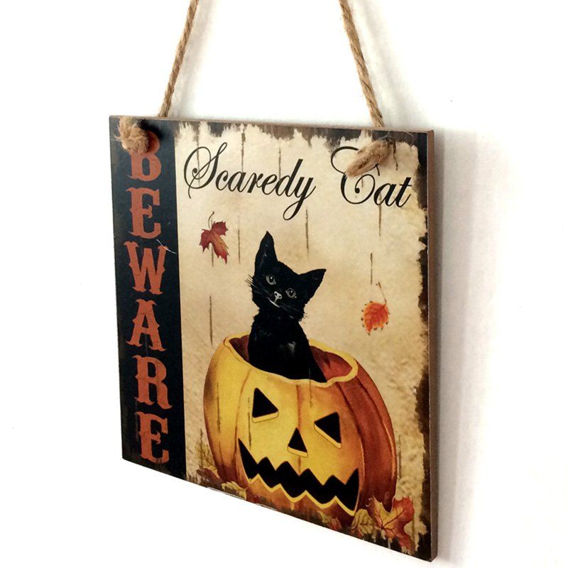 

Halloween Pumpkin Cat Pattern Door Hanging Wooden Sign, Colormix