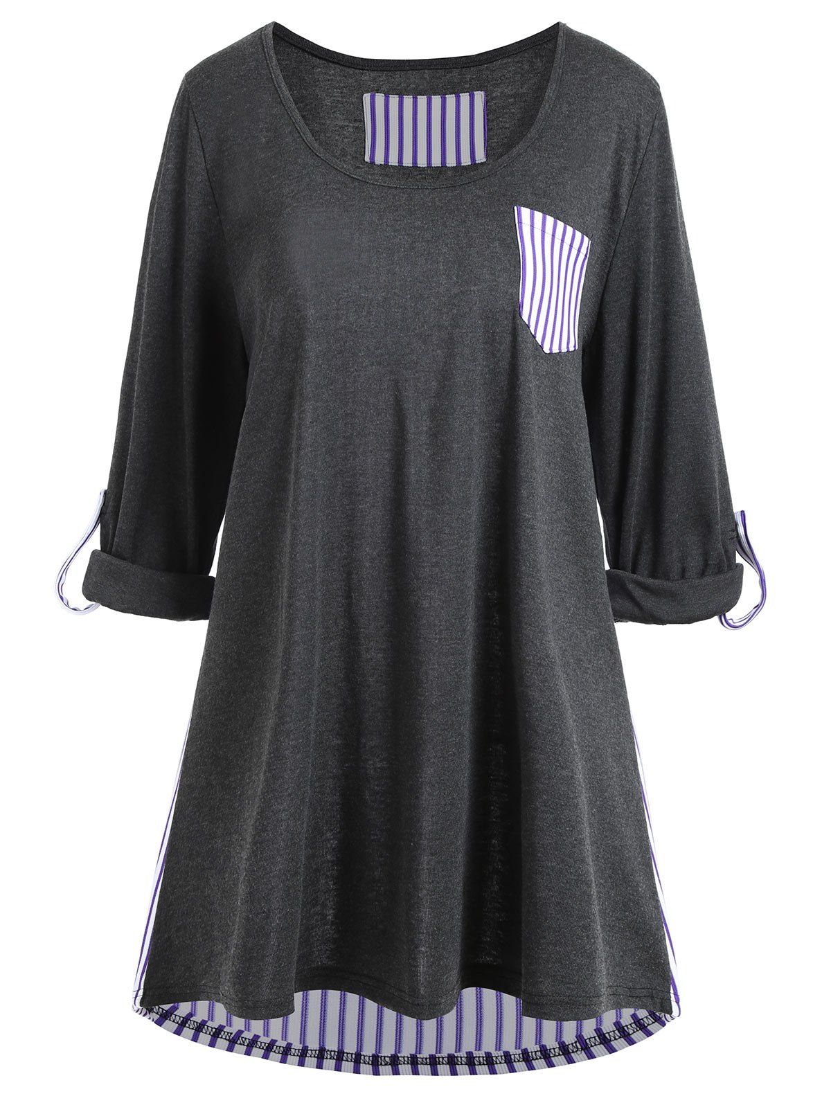 

Plus Size Striped Panel High Low Pocket Tee, Deep gray