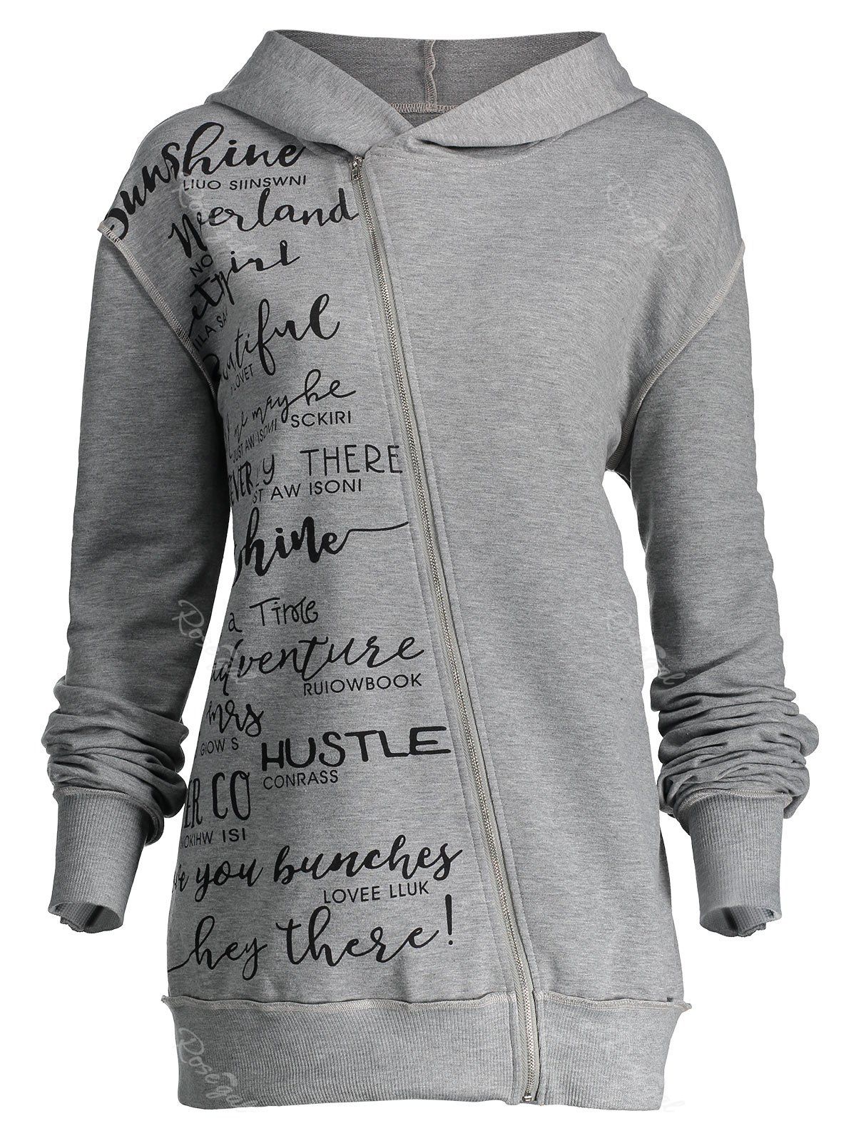 

Skew Zipper Plus Size Letter Print Hoodie, Gray