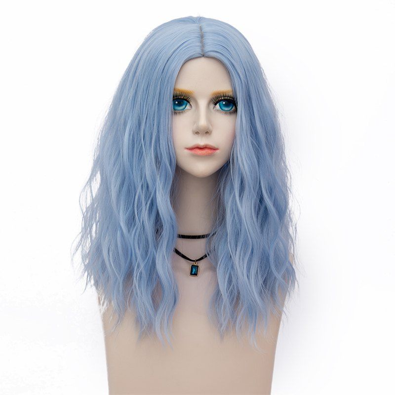 

Medium Center Parting Fluffy Water Wave Synthetic Party Wig, Windsor blue