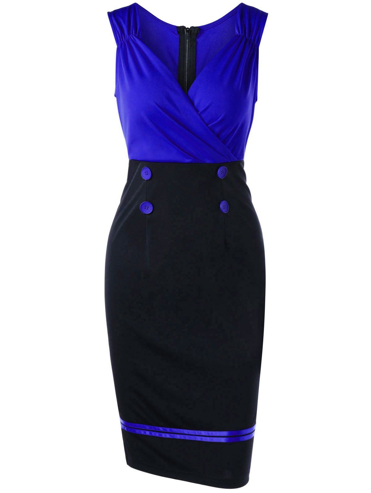 

Sleeveless Double Breasted Vintage Sheath Pencil Dress, Blue