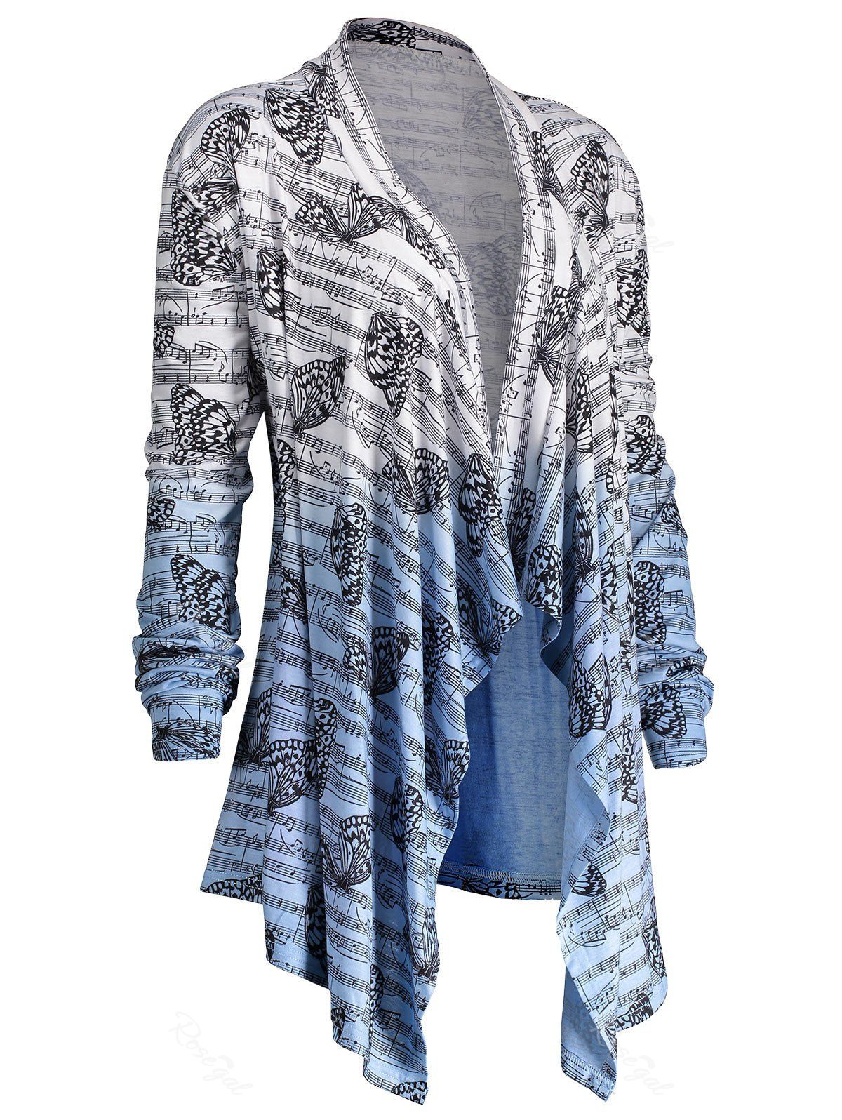 

Music Note Butterfly Plus Size Ombre Cardigan, Blue and white