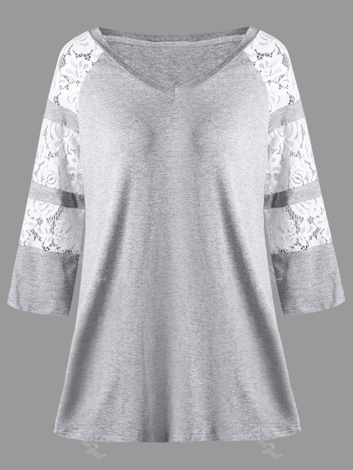 

Plus Size Marled Lace Insert V Neck Top, Gray