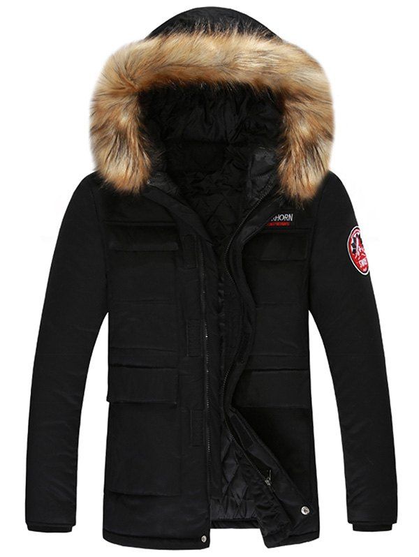 

Detachable Hood Velcro Pocket Parka Jacket, Black