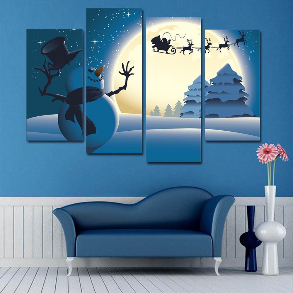 

Christmas Moon Snowflake Pattern Unframed Split Canvas Paintings, Blue