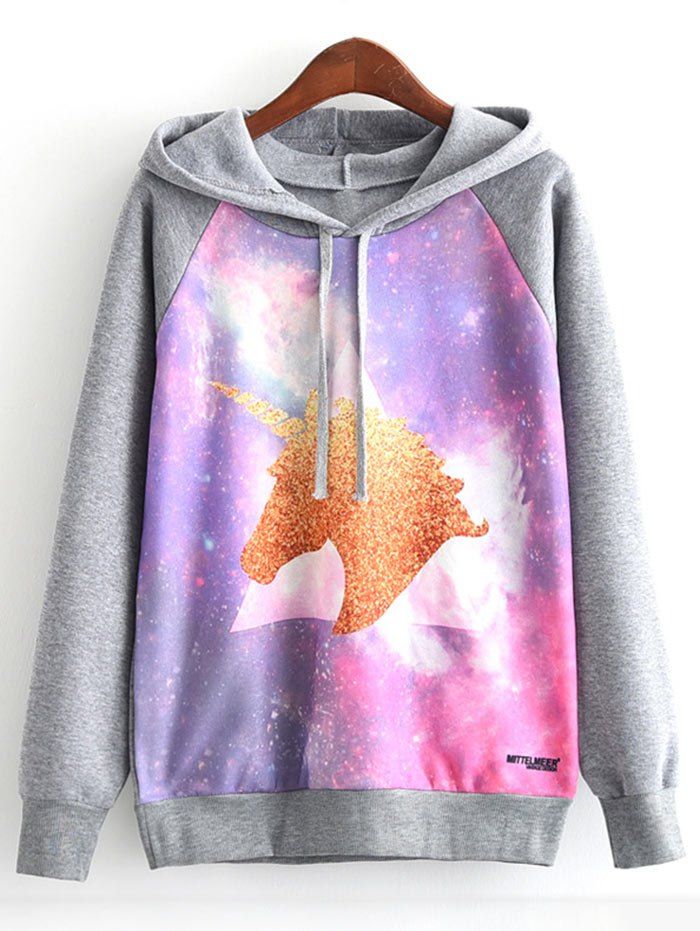 

Raglan Sleeve Unicorn and Galaxy Print Hoodie, Colormix