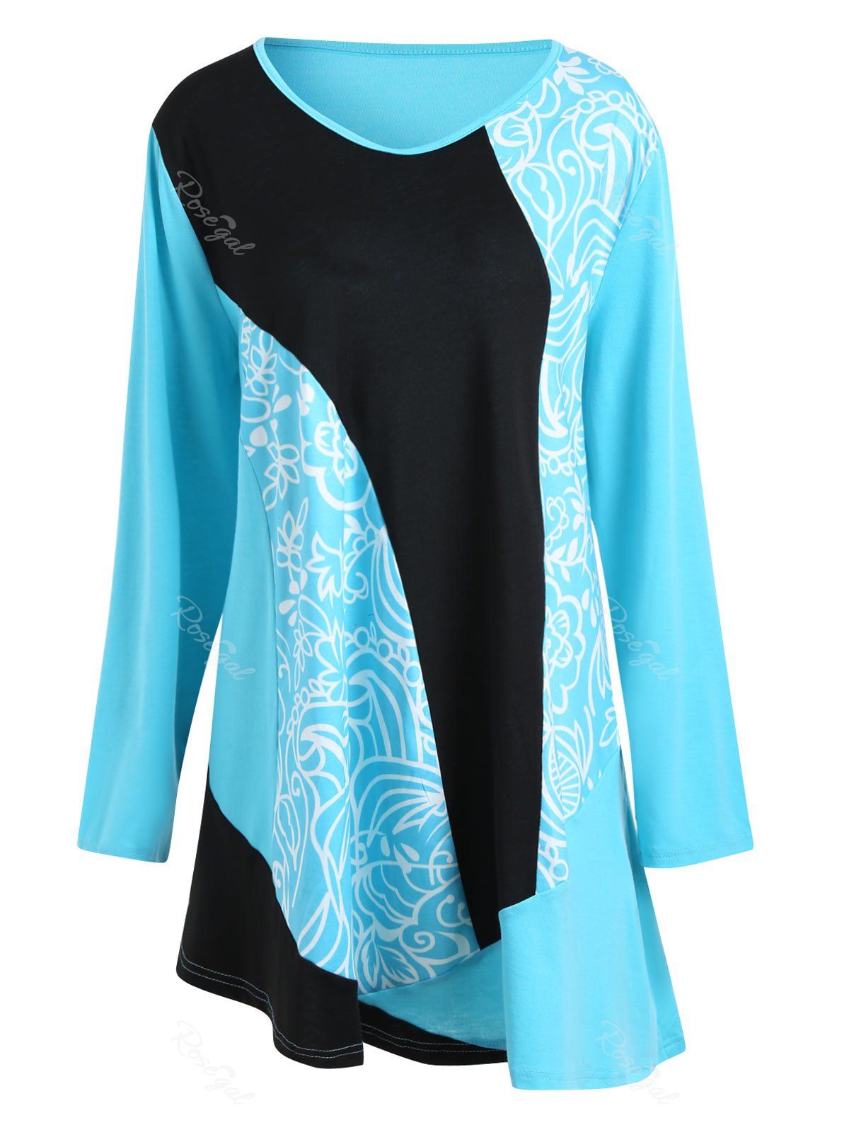 

Color Block Floral Printed Plus Size Tee Dress, Blue