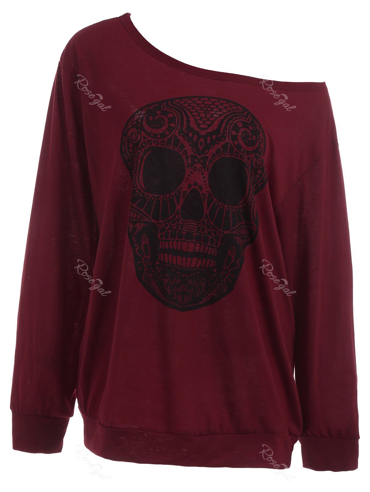 

Plus Size Skull Skew Collar Sweatshirt, Wine red
