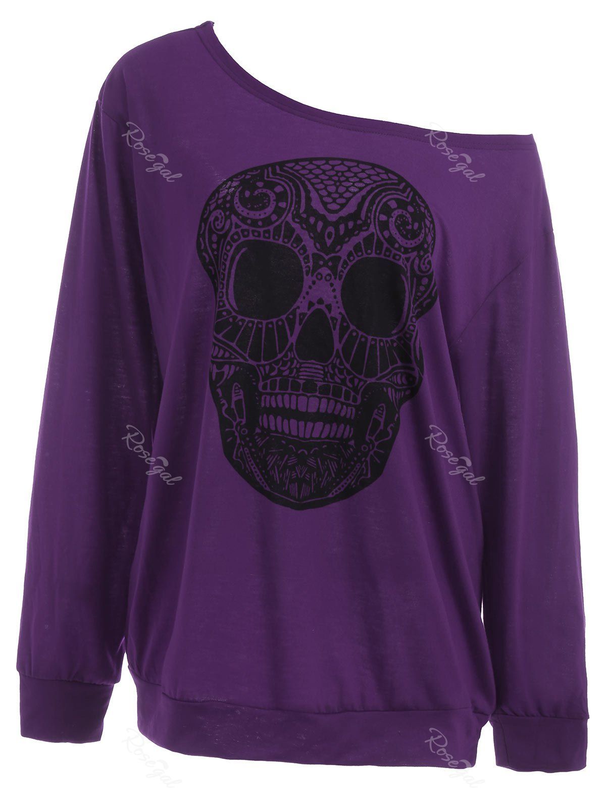 2018 Halloween Skull Print Skew Collar Plus Size Sweatshirt In Purple ...