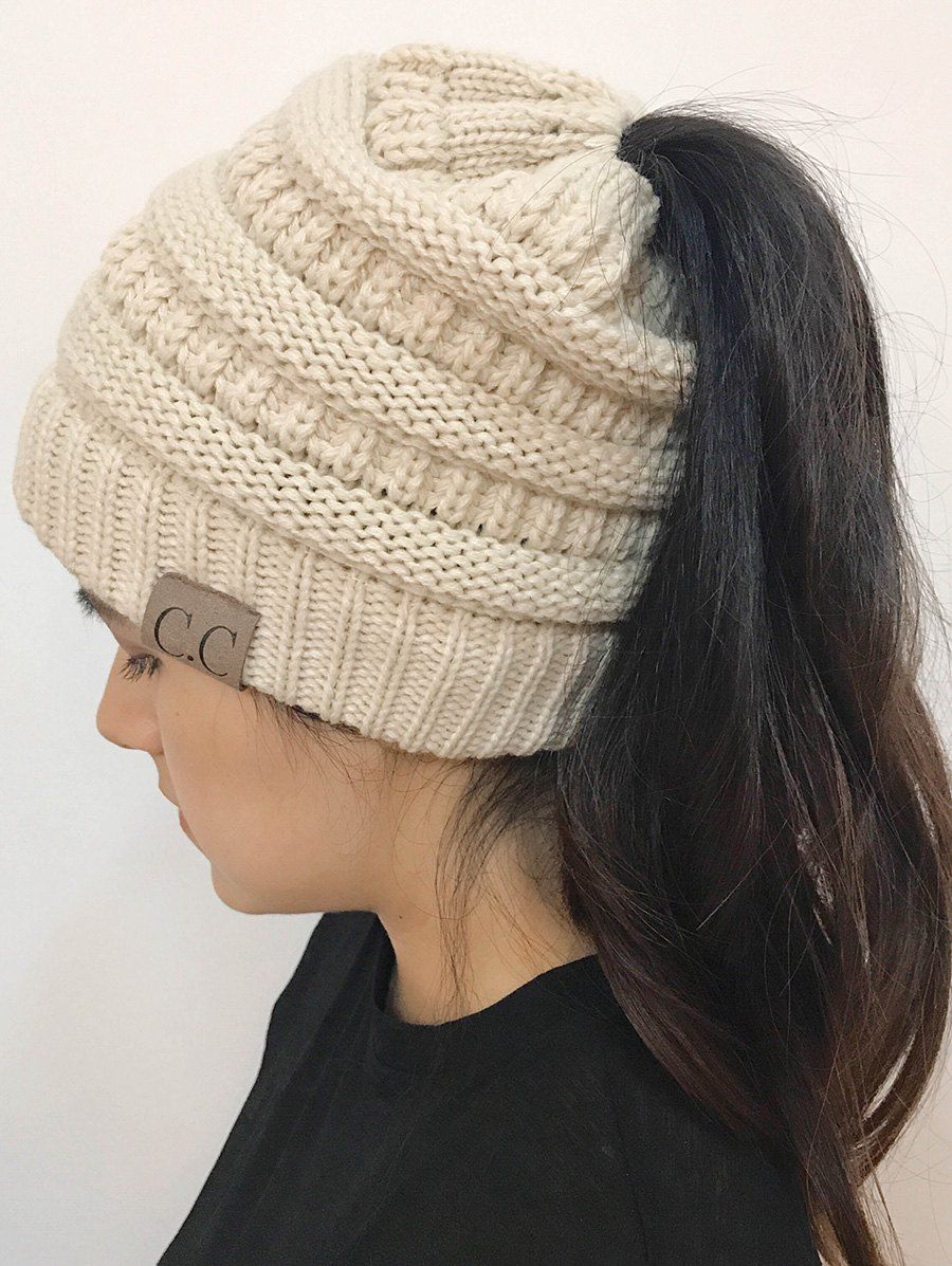 

Open Top Mixcolour Knitted Hat, Off-white